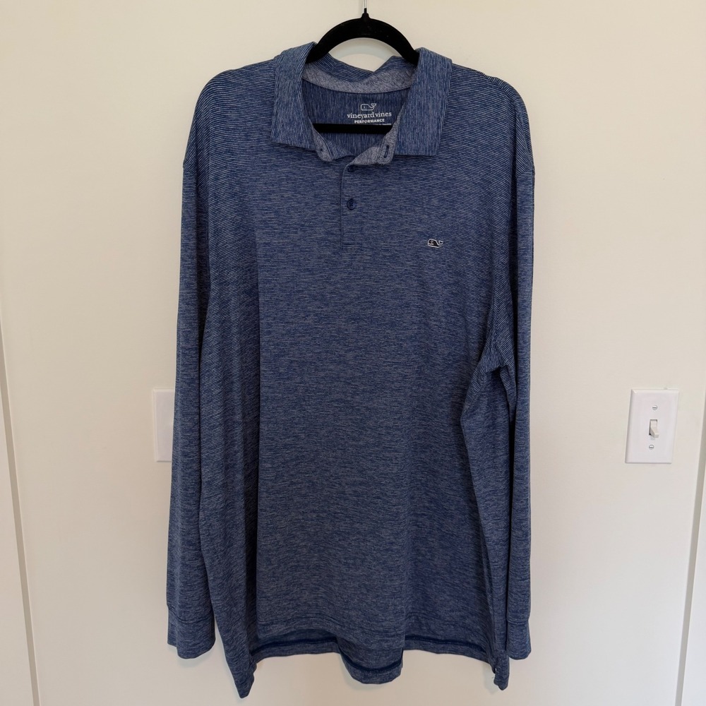 Vineyard Vines Performance Mens 2XL Blue Striped Long Sleeve Polo Shirt Golf Top